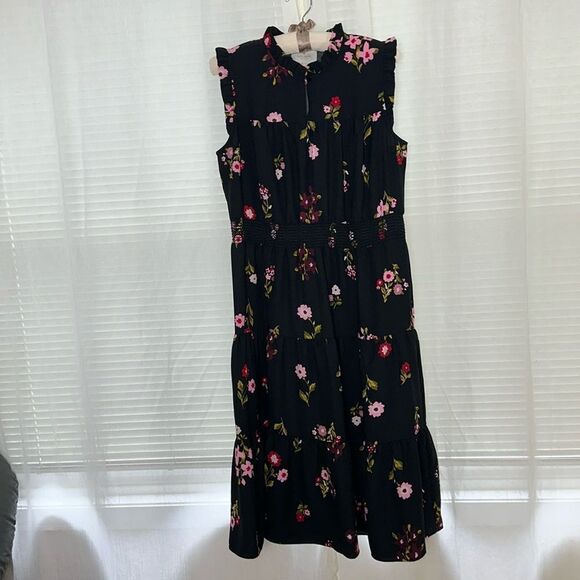 kate spade L Ma Cherie In Bloom Black Floral Smocked Waist Tiered A Line Dress - Picture 6 of 16